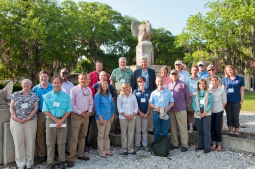 The science group on Sapelo Island. Sen. Whitehouse is in the back row, directly in front of the statue. Clark Alexander is second from the left. 