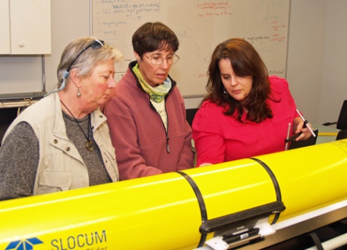 Catherine Edwares (r) explains the workings of the glider to Mare Timmons (l) and Mary Sweeney Reeves. 